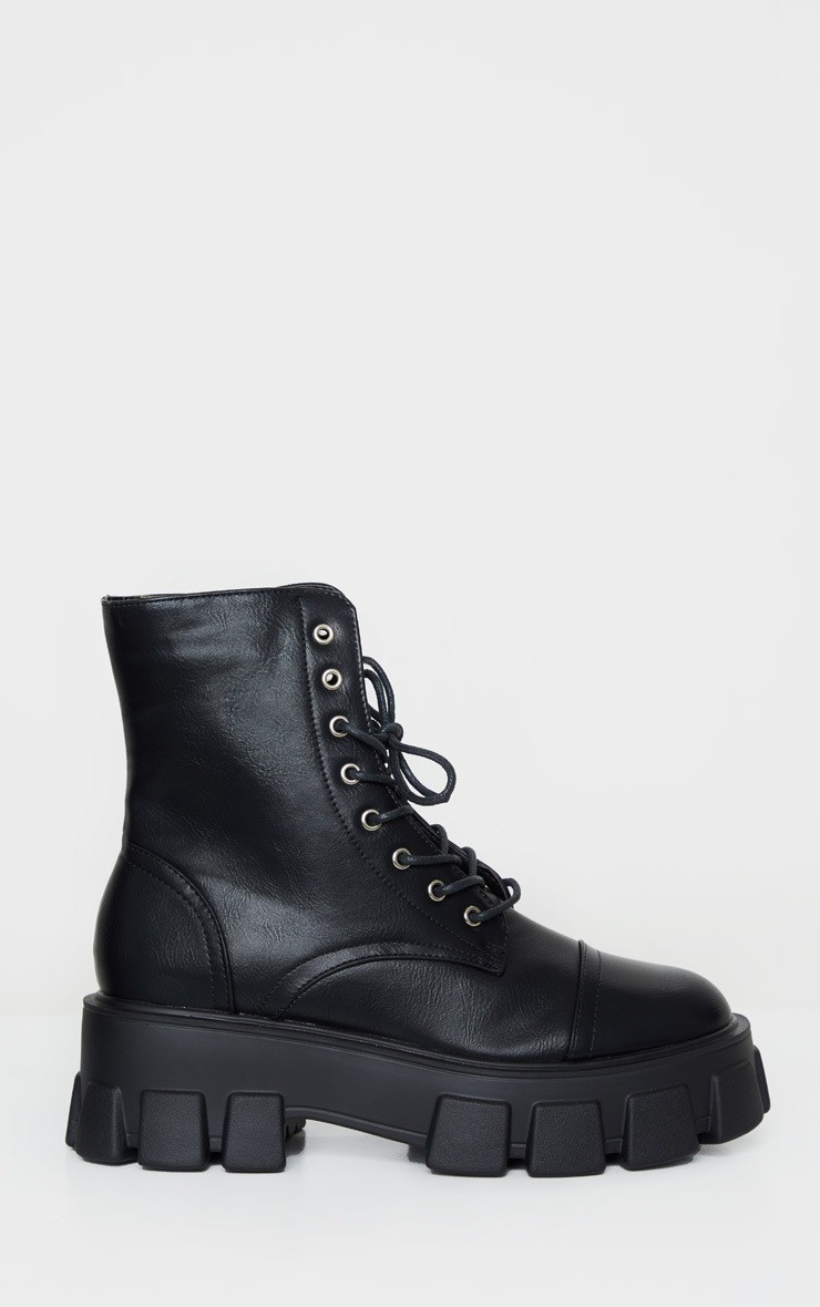 Black Lace Up Extreme Cleated Sole Combat Boots | PrettyLittleThing US