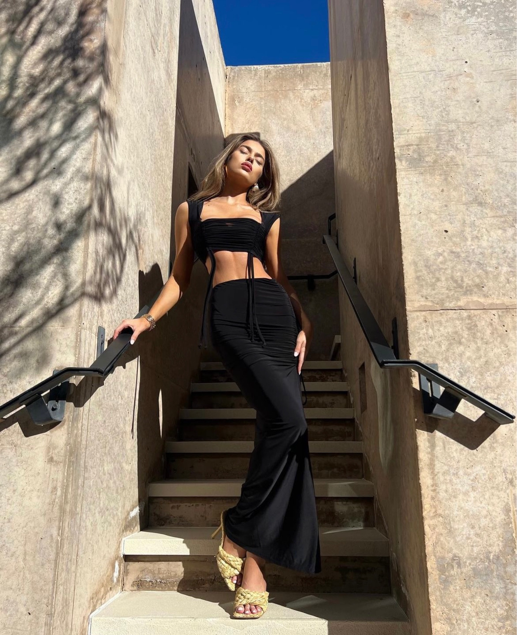 Holiday out fit inspo, co-ord, black two piece, silky top, silky skirt, long maxi skirt, body con, crop top, ruched top, matching set, woven heeled, straw heels, mules, yellow heeled sandals, summer outfits, plt, ego, dune 

#LTKfit #LTKeurope #LTKSeasonal