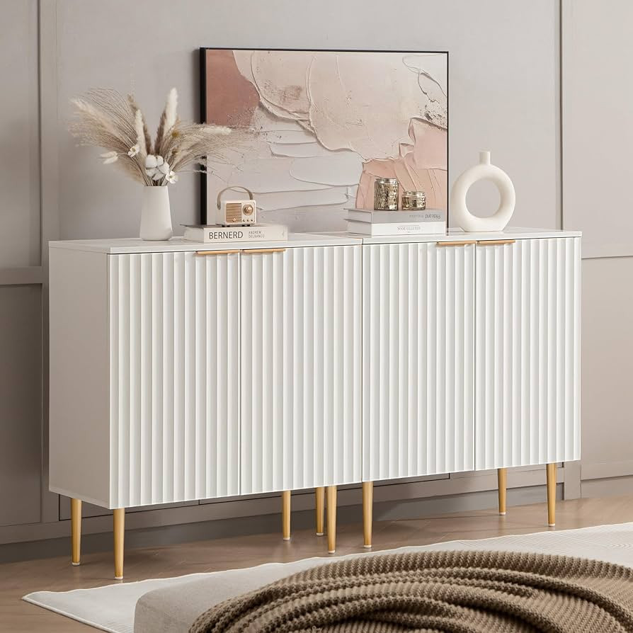 SICOTAS Fluted White Storage Cabinet Set of 2, Wood Sideboard Buffet Cabinet with Spray-painted F... | Amazon (US)