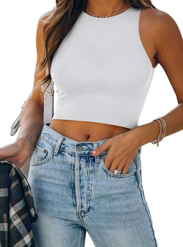 REORIA Women's Sleeveless Halter Neck Double Lined Casual Basic Tank Crop Tops | Amazon (US)
