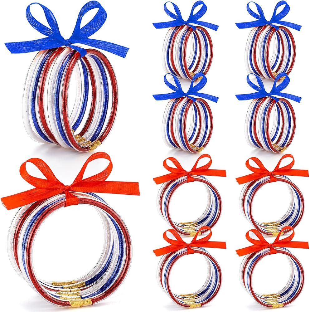 4th of July Bracelets Glitter Red White and Blue Jelly Bangles Patriotic Silicone Wristbands with... | Amazon (US)