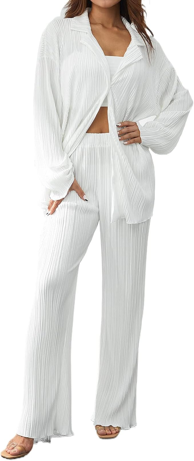 Geagodelia 2-Piece Women's Pleated Outfit, Clothing Set, High Waist Casual Wide Trousers + Button... | Amazon (DE)