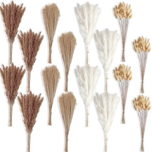 400 PCS Small Boho Pampas Grass, 17" Naturally Dried Pompas, Pampas Grass Decor for Wedding , Boho Party Decorations, Table Decor（Brown and White） | Amazon (US)