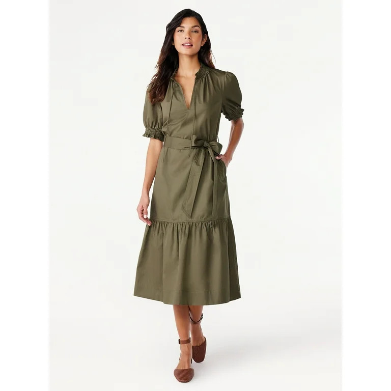 Free Assembly Women's Ruffle Neck Belted Midi Dress with Short Sleeves, Size XS-XXL | Walmart (US)