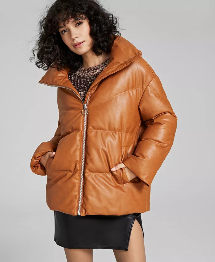 Women's Faux-Leather Puffer Coat | Macys (US)