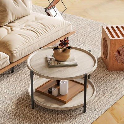 Round Coffee Table, 2 Tier Wooden Round Coffee Table, Rustic Wood Desktop, Circle Cocktail Tables with Storage Shelf for Living Room, Apartment | Target
