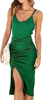 LOGENE Women's Summer Spaghetti Strap Side Slit Ruched Dress Sexy Sleeveless Backless Club Party ... | Amazon (US)