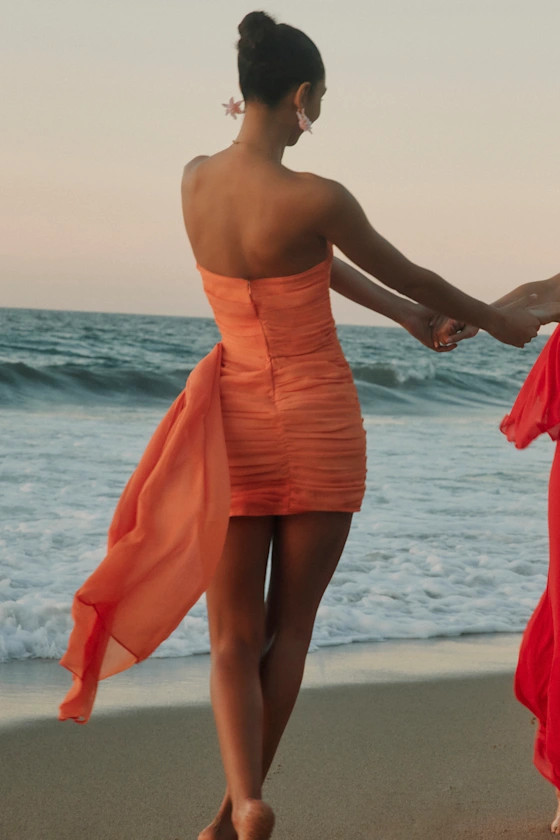 Exceptional Beauty Orange Ruched Strapless Bodycon Mini Dress | Lulus