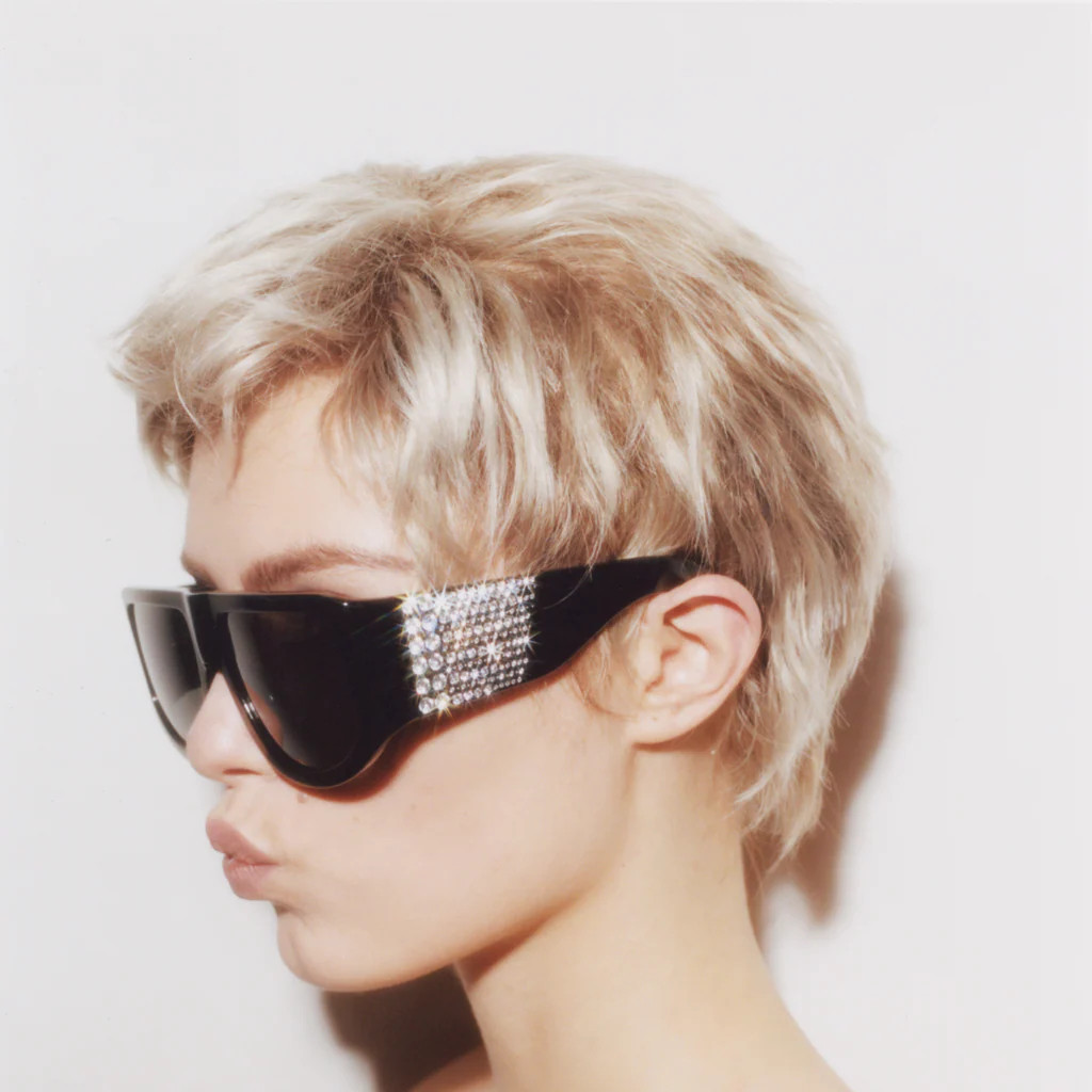 NUÉ STUDIOS | Oversized Sunglasses in Black and Crystal | Linda Farrow