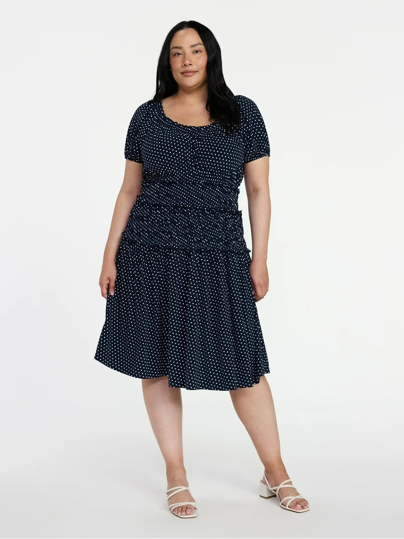 Time and Tru Women's Smocked Midi Dress with Short Puff Sleeves, Sizes XS-XXXL | Walmart (US)