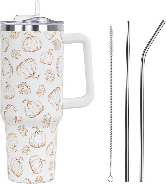Fall Tumbler with Lid and Straw 40oz,Orange Pumpkin Maple Leaves Vacuum Autumn Insulated Leak Pro... | Amazon (US)