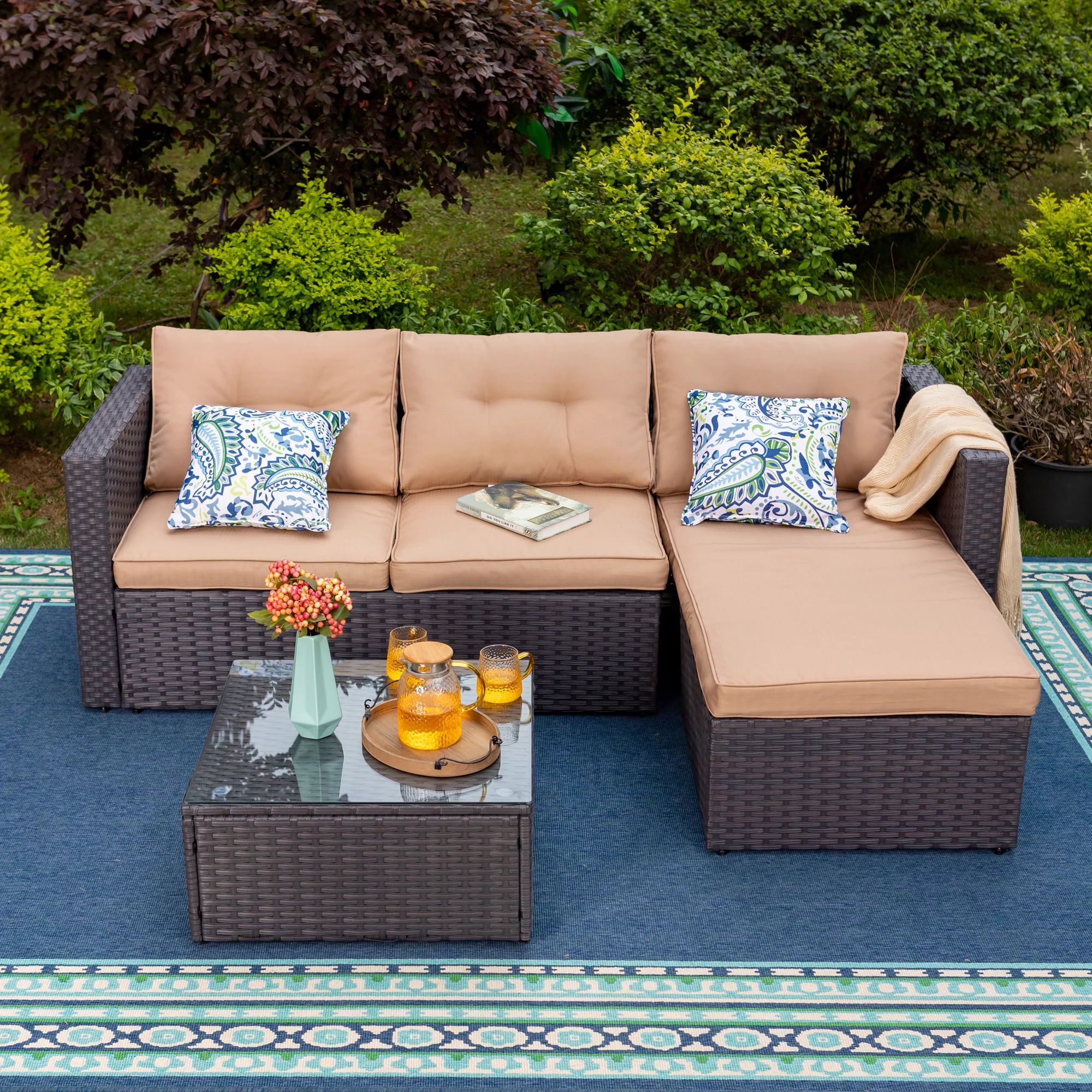 MF Studio 3 Pieces Outdoor Sectional Sofa Set Wicker Patio Furniture Conversation Set with Beige ... | Walmart (US)