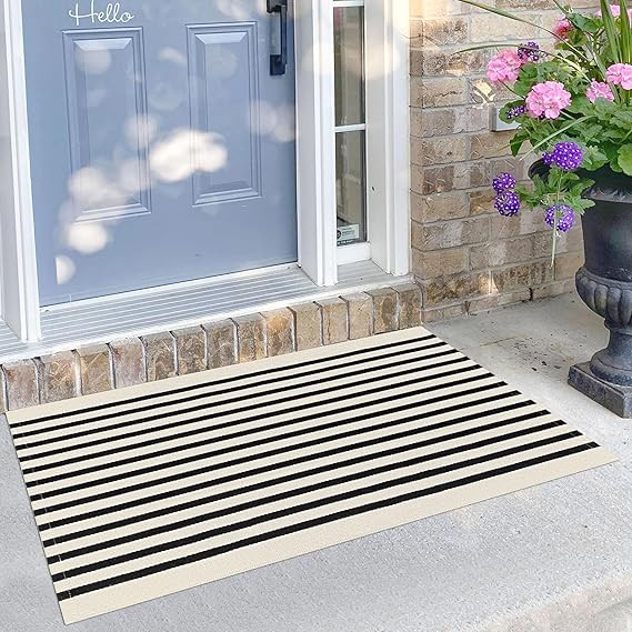 KILOCOCO Beige Striped Rug 2.3'x3.6' Indoor Outdoor Rugs Front Door Mat Hand Woven Cotton Washabl... | Amazon (US)
