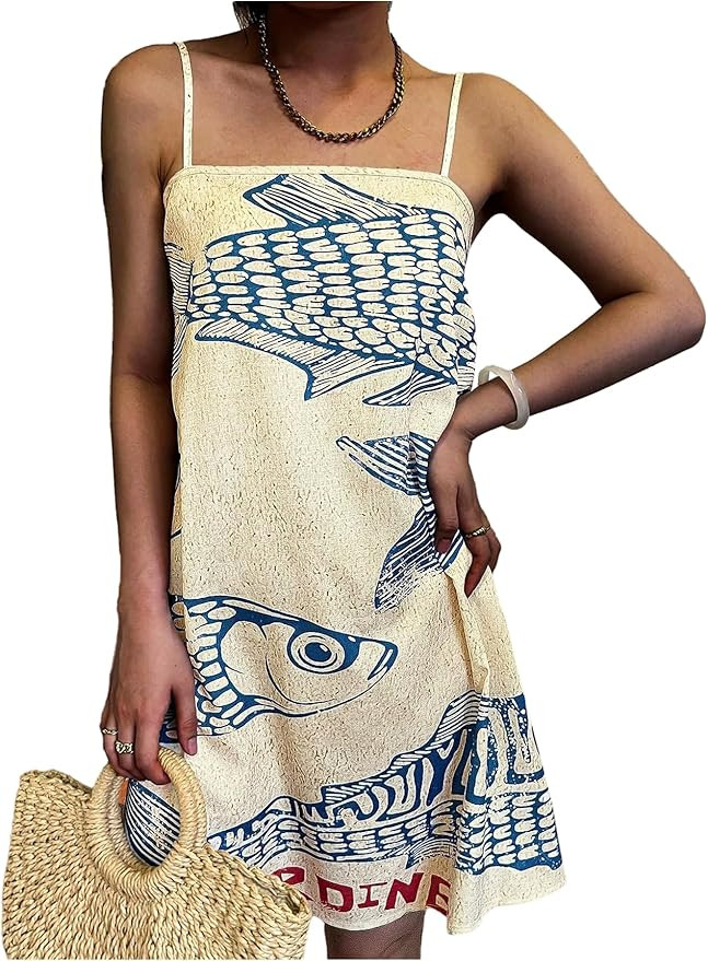 Women's Fish Graphic Mini Cami Dress Spaghetti Strap Loose Shift Dresses Summer Sundresses | Amazon (US)