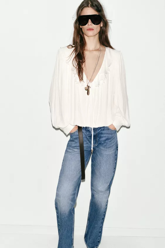 SATIN BLOUSE WITH RUFFLES AND SHOULDER PADS | Zara DE