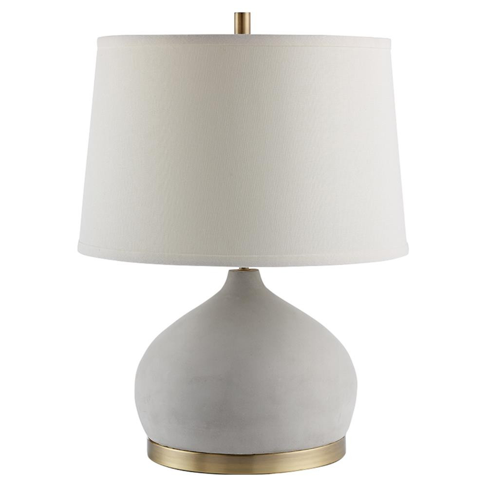 Aisha Modern Classic Grey Cement and Brass Table Lamp with White Drum Shade | Kathy Kuo Home