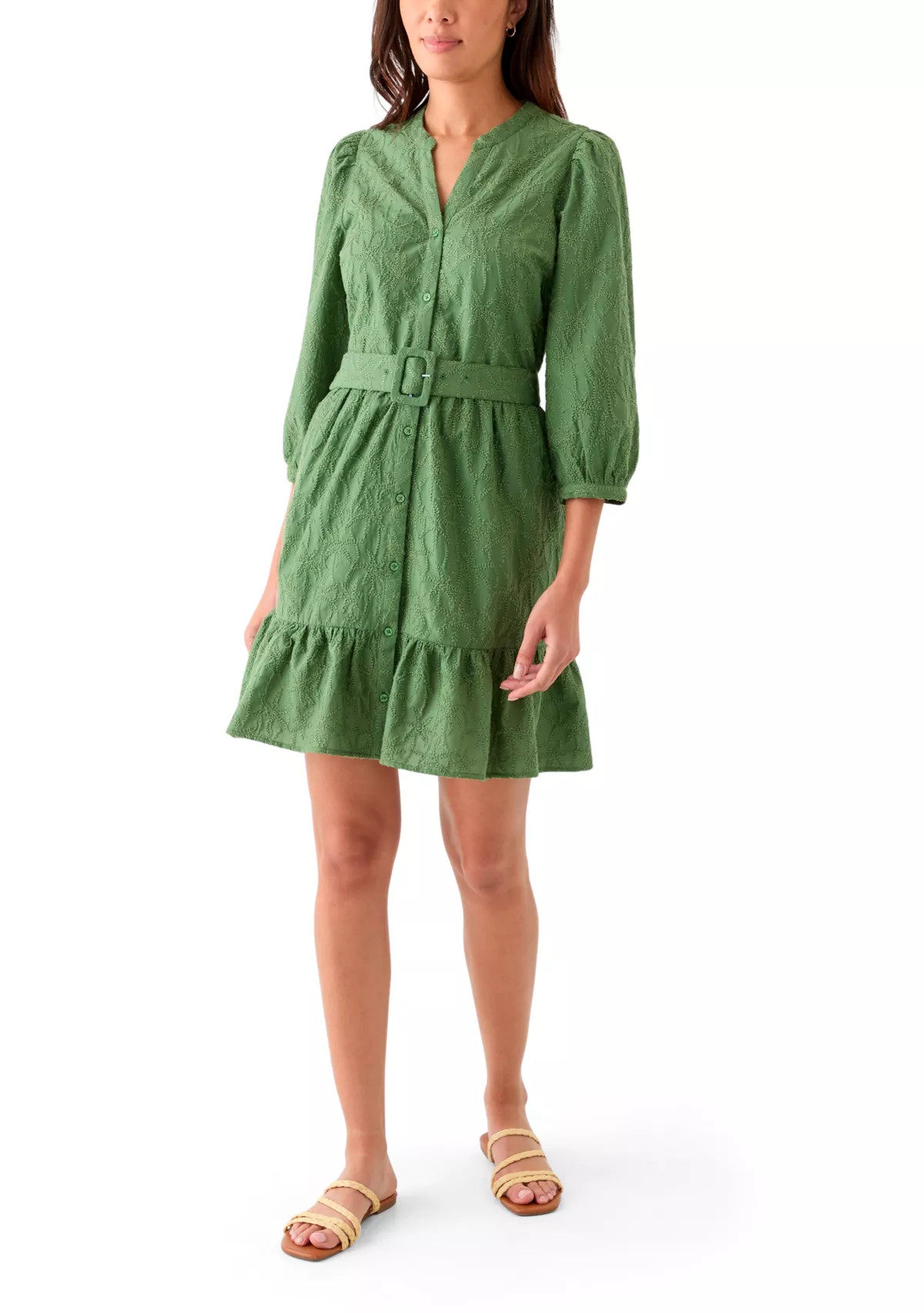 Women's 3/4 Sleeve Belted Embroidered Dress | Belk