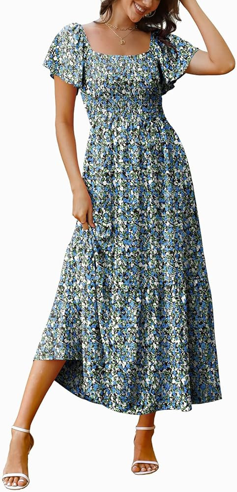 OFEEFAN Maxi Dresses for Women Square Neck Flutter Sleeve Smocked Dress with Pockets | Amazon (US)