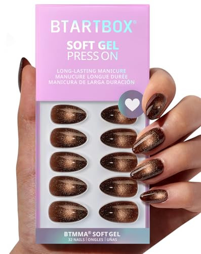 BTArtbox Press On Nails, Mocha Hypnotic, Short Almond, Brown Cat Eye, 32Ct | Amazon (US)
