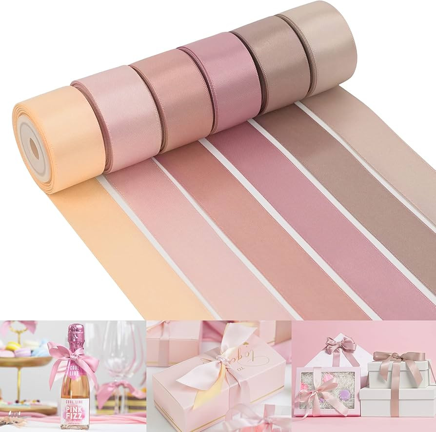 HUIHUANG Dusty Rose Wedding Ribbon Double-Faced Satin Ribbon Assortment 1" Wide Rose Pink Silk Ri... | Amazon (US)