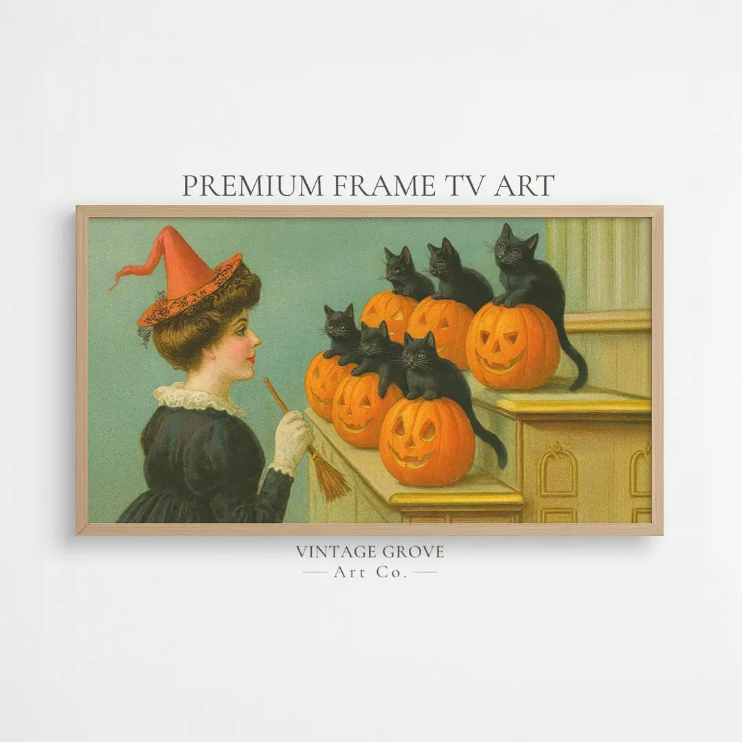 Samsung Frame TV Art, Vintage Halloween, Pumpkin Wall Art, Witch Painting, Cat Painting, Fall Fra... | Etsy (US)