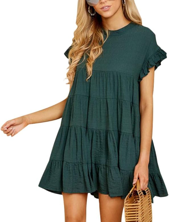 Women’s O Neck Ruffle Short Sleeve Tiered Casual Mini Dress | Amazon (US)