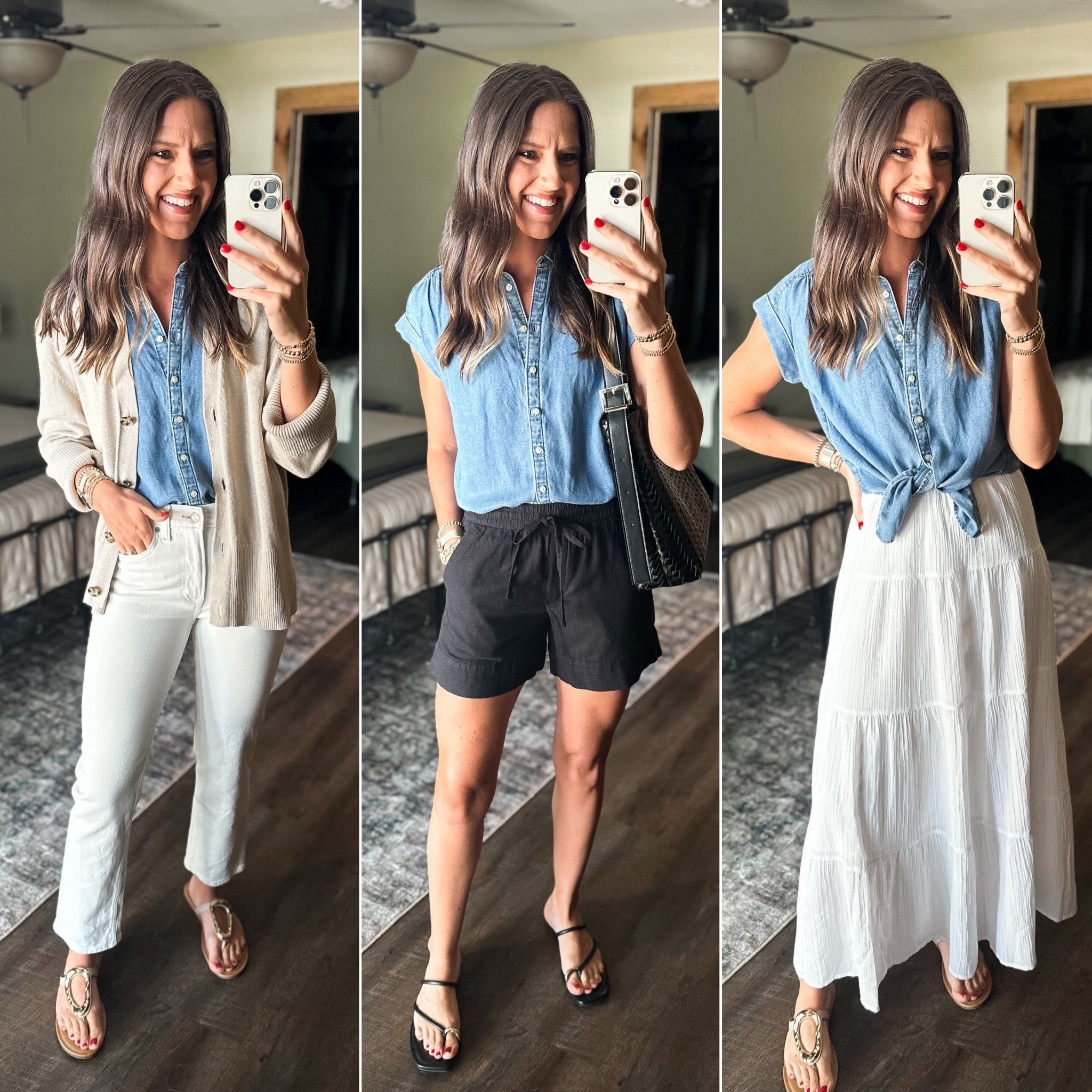 Summer Capsule Wardrobe - Chambray Top 

Chambray top (size down, I’m in the xs) 
Linking similar cardigan 
White jeans (size 27) 
Shorts (size down, I’m in a xs) 
Skirt (small) 


#LTKFindsUnder50 #LTKStyleTip #LTKFindsUnder100