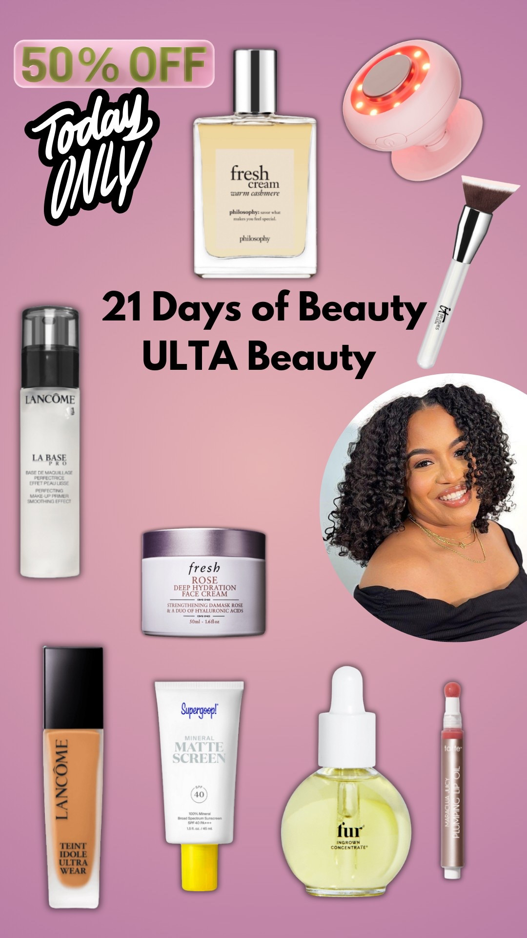 50% off beauty deals TODAY ONLY at Ulta Beauty, Lancôme foundation and primer, it cosmetics brush, skincare, fur body oil 

#LTKFindsUnder50 #LTKSaleAlert #LTKBeauty
