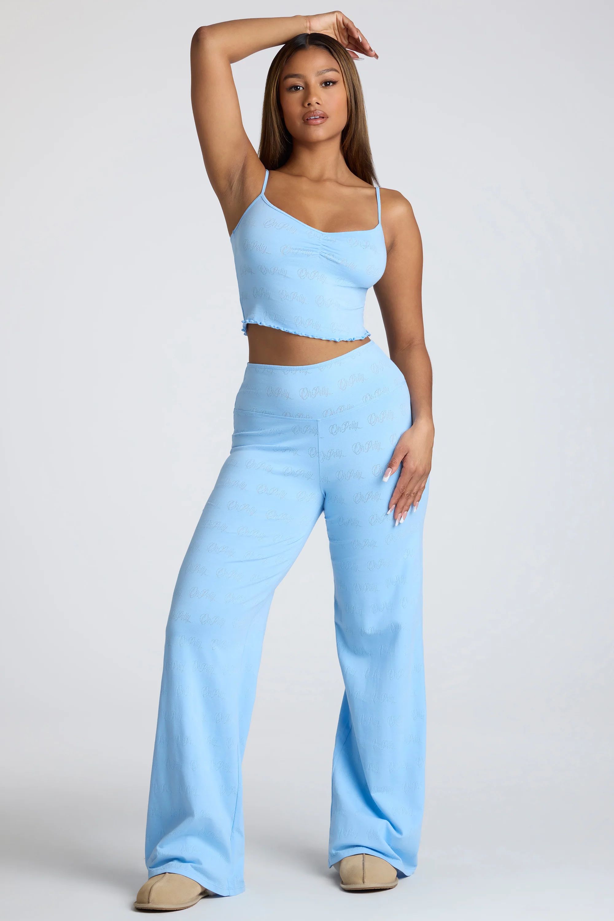 Mid Rise Straight Leg Pointelle Trousers in Baby Blue | Oh Polly