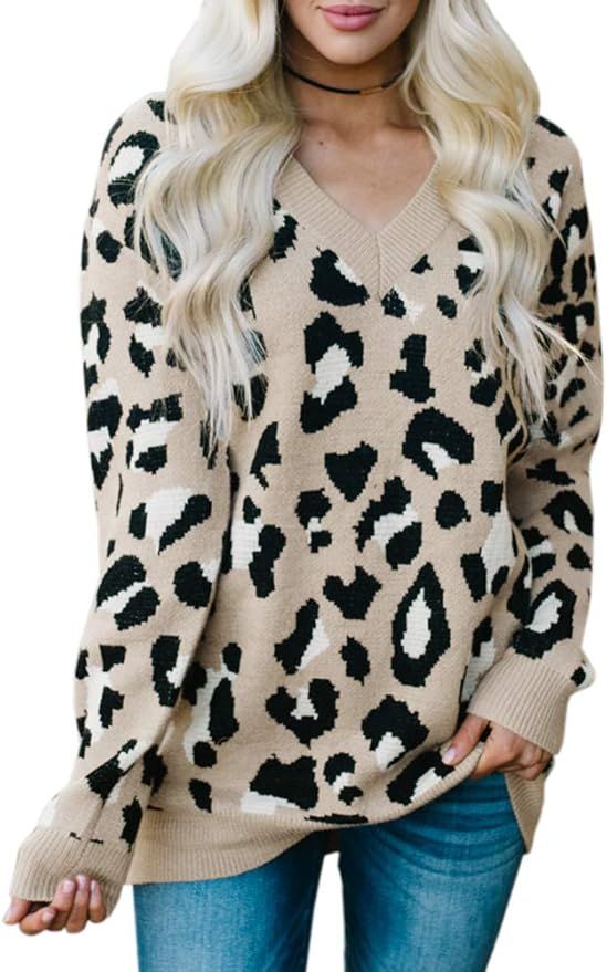 Tutorutor Womens Leopard Sweater Tops Oversized V Neck Cheetah Animal Print Loose Fit Knitted Fal... | Amazon (US)
