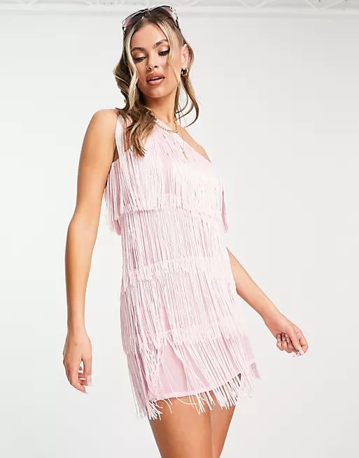 ASOS DESIGN tiered fringe mini beach dress in pink | ASOS (Global)