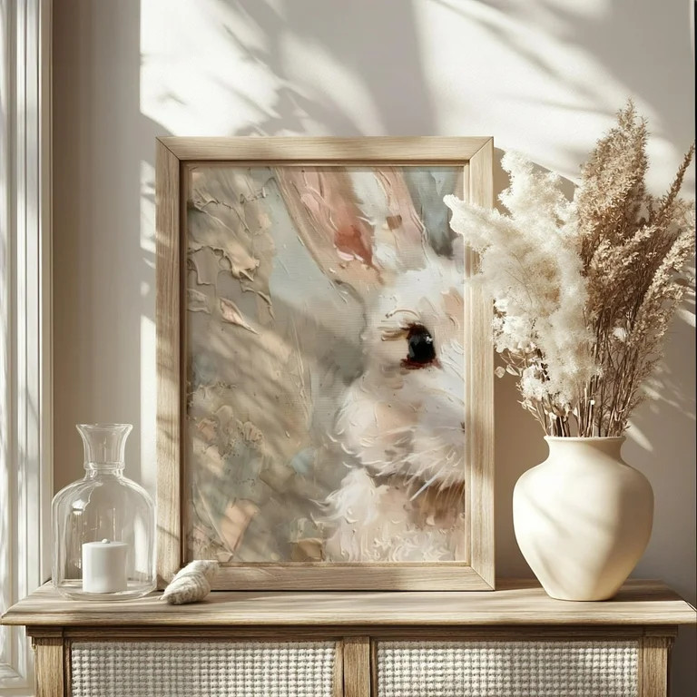 Blush Spring White Bunny Vintage Easter Wall Art Print Abstract Rabbit Poster Canvas Painting for... | Walmart (US)