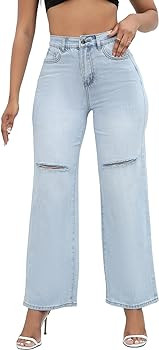 THUNDER STAR Womens High Waisted Wide Leg Jeans Stretchy Distressed Denim Pants | Amazon (US)