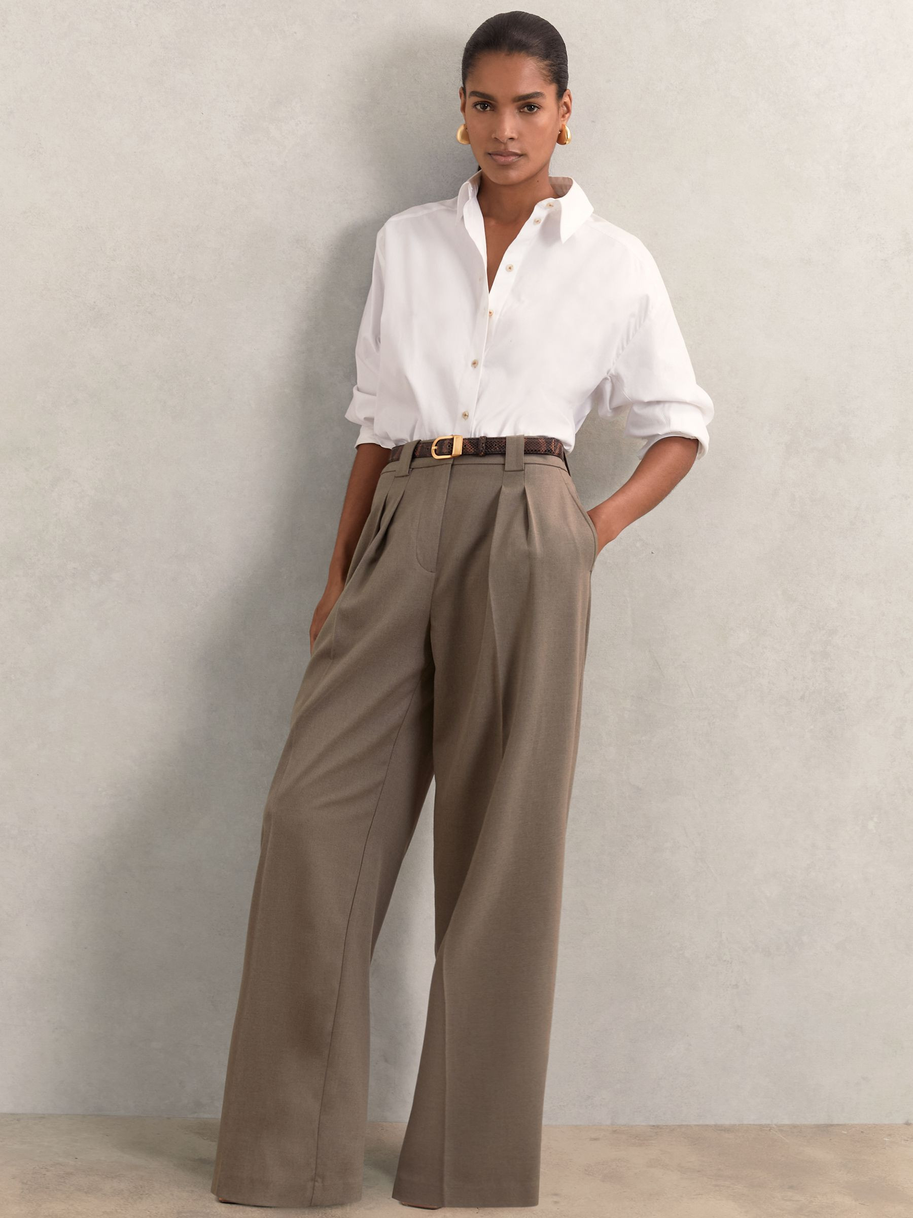 Petite Wide Leg Pleated Trousers in Neutral | Reiss UK
