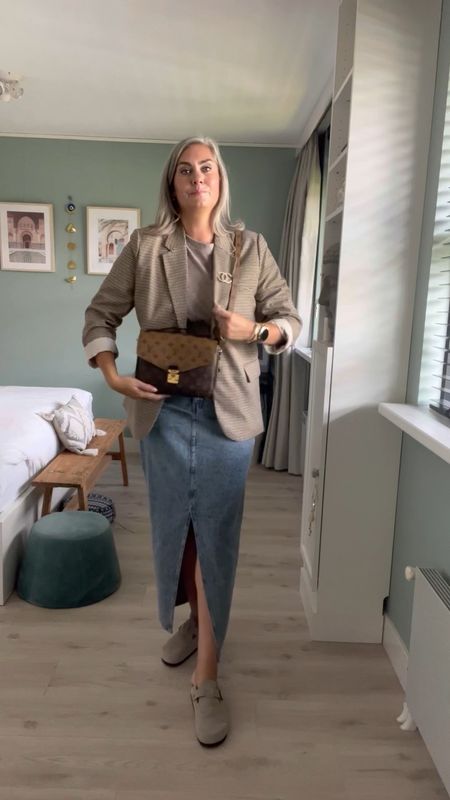 30 days of summer outfits. Tall denim maxi skirt paired with a taupe ruched top, Birkenstock Boston dupes a plaid blazer and a Louis Vuitton Pochette Métis reverse bag. 

#LTKSeasonal #LTKstyletip #LTKeurope