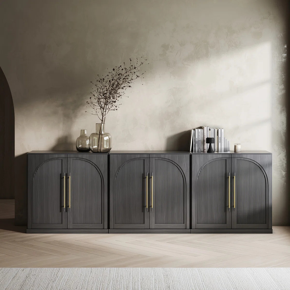 Set of 3 Modular Sideboard with Double-Arc Wood Doors, Ebony (Set of 3) | Wayfair North America