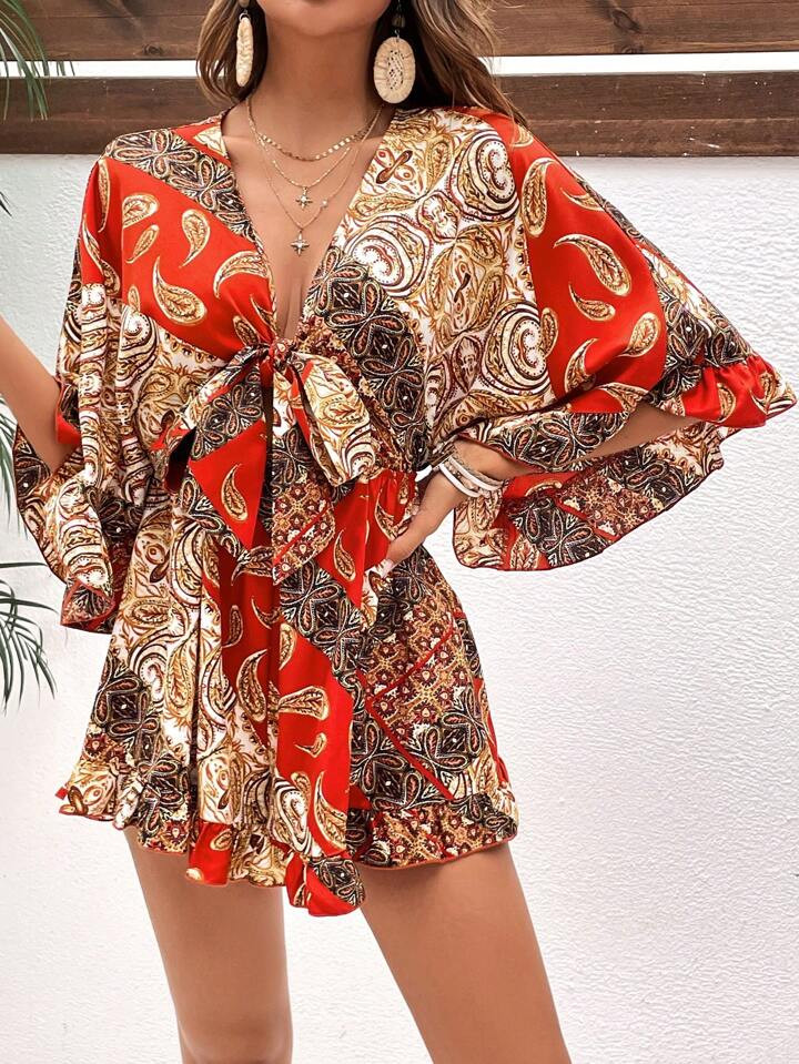 SHEIN VCAY Paisley Print Tie Front Ruffle Hem Romper | SHEIN