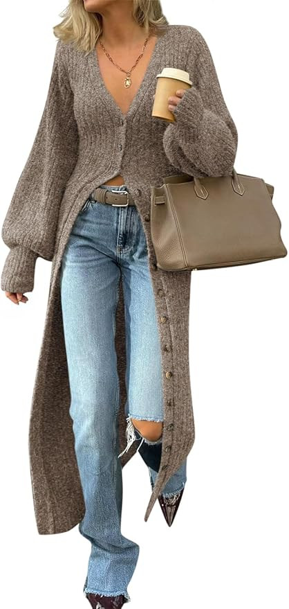 Saodimallsu Womens Long Cardigans V Neck Button Down Chunky Knit Dusters Sweater Coat Fall Trendy... | Amazon (US)