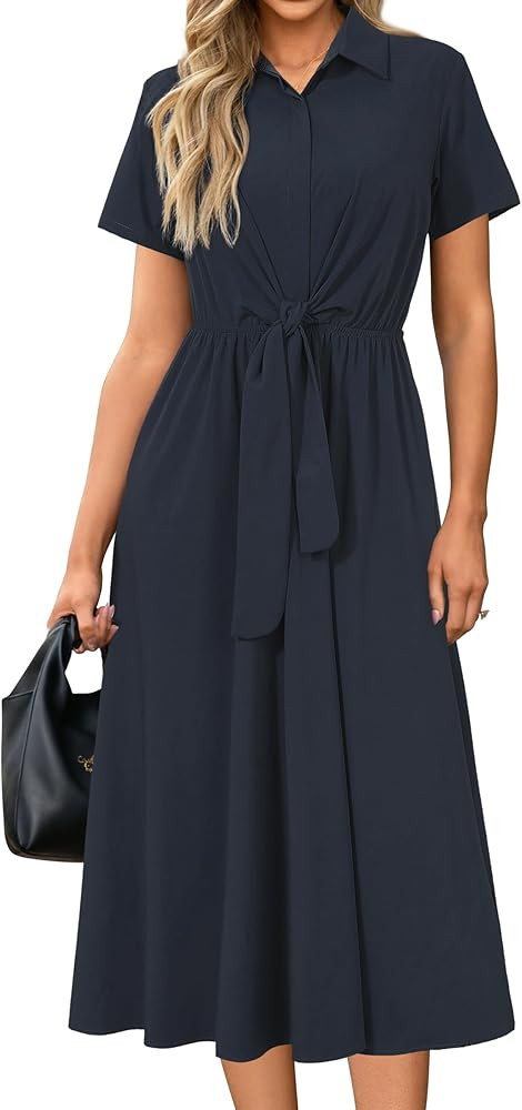 Newshows Womens Wear to Work Teacher Business Casual Outfits Long Dresses Tie Waist Shirt Dress A... | Amazon (US)