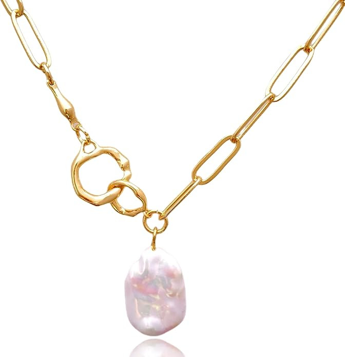 baroque pearl necklace for women cultured real freshwater pearl necklace chain link necklace squa... | Amazon (US)