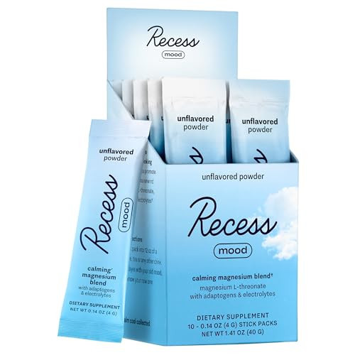 Recess Mood Powder, Magnesium L-Threonate Blend with Passion Flower, L-Theanine, Electrolytes, Magnesium Calm Support Powder Supplement - Unflavored-Pack of 10 | Amazon (US)