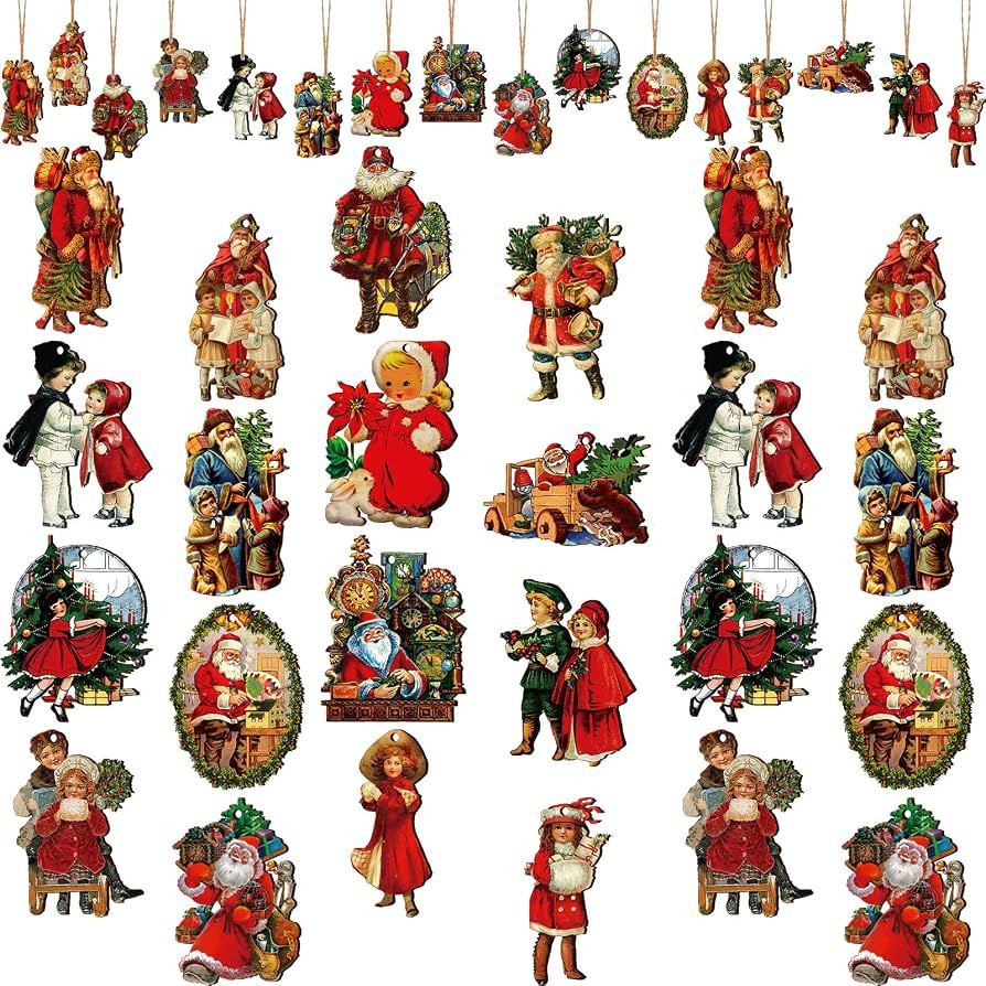 Sawysine 48 Pcs Vintage Wooden Christmas Ornaments, Retro Xmas Decorations Bulk Santa Claus Hangi... | Amazon (US)