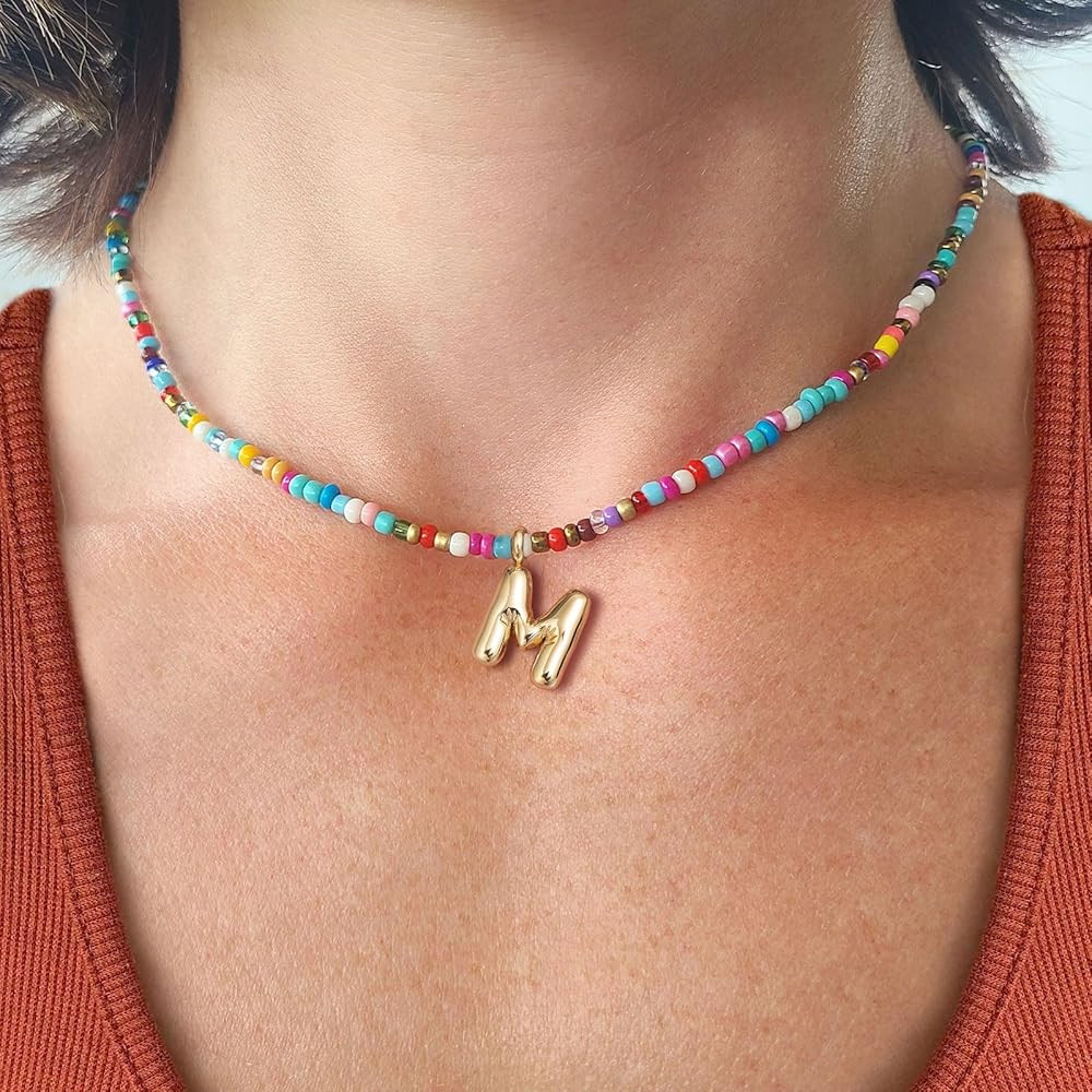 VRIUA Colorful Initial Necklaces for Women – Bubble Letter Necklace Handmade Beaded Necklace Da... | Amazon (US)