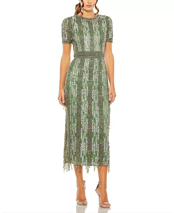 High Neck Short Sleeve Crystal Fringe Column Dress | Bloomingdale's (US)