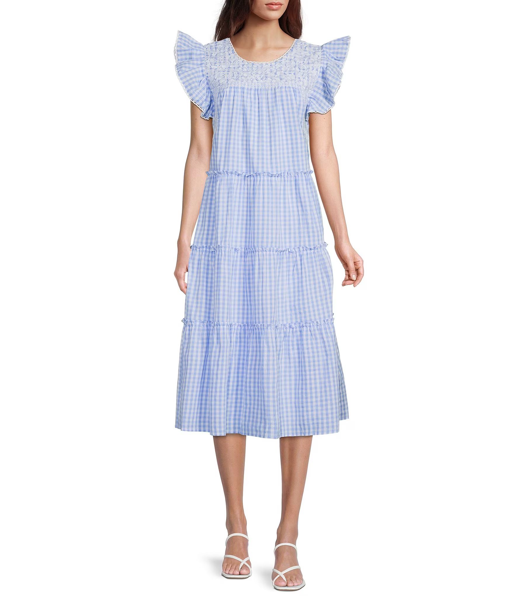 J.Marie Emma Kate Gingham Print Emboridered Jewel Neck Ruffle Cap Sleeve Tiered Waistless Midi Dr... | Dillard's