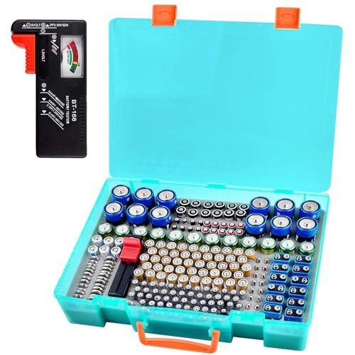 Battery Organizer Storage Holder- Batteries Case Containers Box with Tester Checker BT-168. Garage Organization Holds 225 Batteries AA AAA C D Cell 9V 3V Lithium LR44 CR2 CR1632 CR2032 (Green) | Amazon (US)