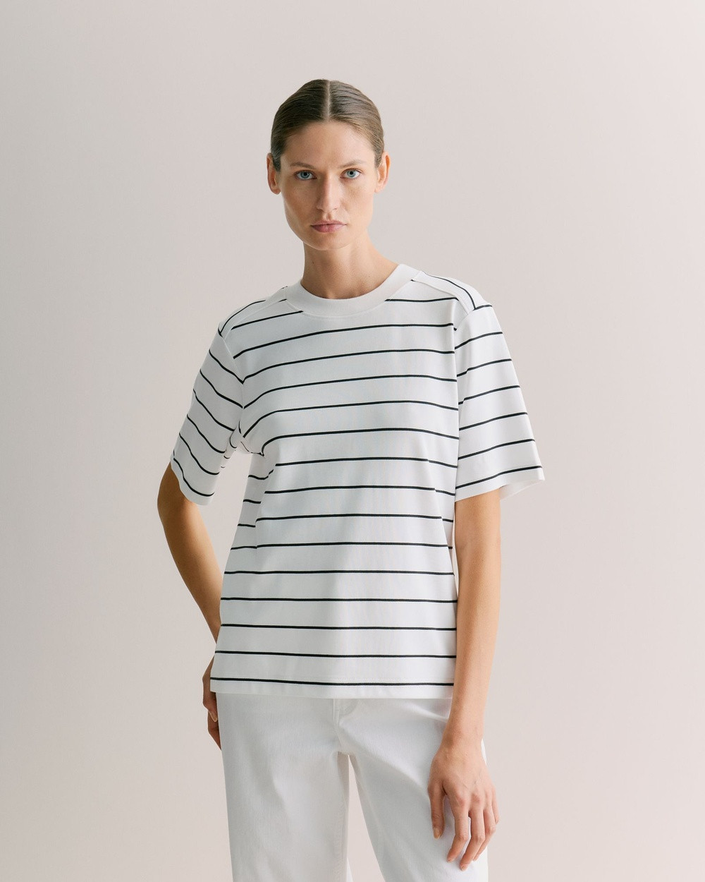 Trenery - Cotton Modal Interlock Stripe T shirt in White - T-Shirts & Singlets (White) Cotton Modal Interlock Stripe T-shirt in White | THE ICONIC (AU & NZ)