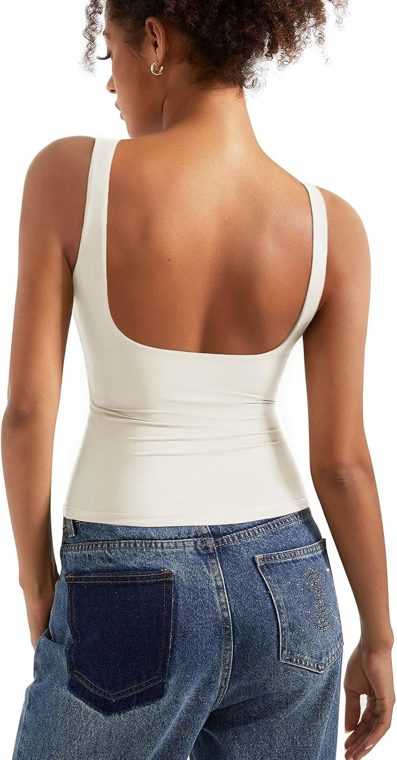 SUUKSESS Women Padded Open Back Boat Neck Tank Top Double Lined Basic Shirt | Amazon (US)