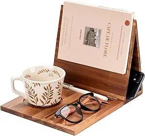 Wooden Book Stand Holder for Page Rest, Nook Reading Valet with Cup Mug Pen Holder, Triangle Stan... | Amazon (US)