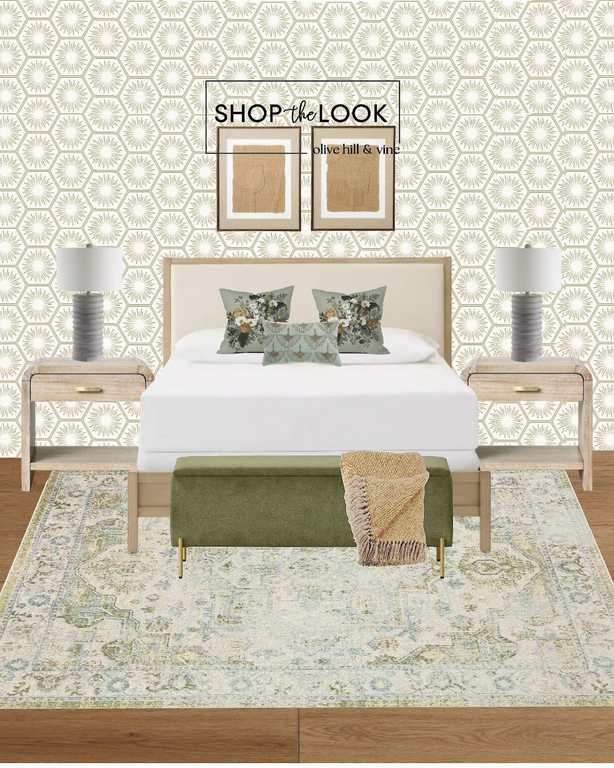 Discover our chic and affordable bedroom oasis! Transform your space with these Target finds: a sleek platform bed, complemented by a plush upholstered headboard. Maximize storage with an elegant storage bench. Pair with rustic-chic table lamps and a vintage medallion rug for an eclectic vibe. Add warmth with curved corner nightstands and tie it all together with jute-framed wall canvases. Finish with bursts of patterned gold wallpaper for a touch of glamour. Trendy yet timeless! 

#LTKStyleTip #LTKHome #LTKFamily